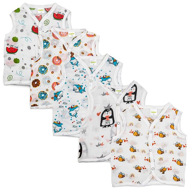 Baby Jhabla (0–6 Months) – Soft Cotton Front-Open Vests | Multicolor Pack of 5