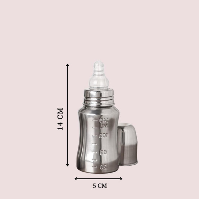 Baby Steel Feeding Bottle – 120 ml with 2 Nipples | Safe, Durable & Easy to Clean