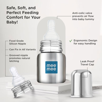 Mee Mee Baby Steel Feeding Bottle – 120 ml | Durable, Safe & Easy to Clean