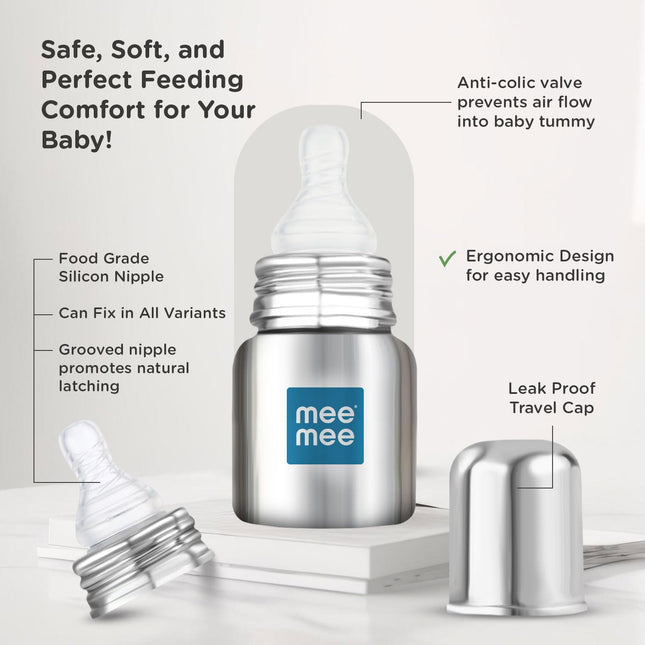 Mee Mee Baby Steel Feeding Bottle – 120 ml | Durable, Safe & Easy to Clean