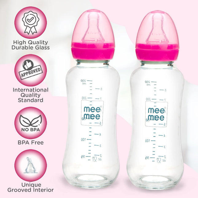 Mee Mee Premium Glass Feeding Bottle – Pack of 2 (240ml Each)