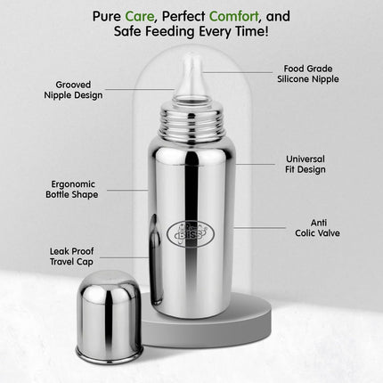 Baby Steel Milk Bottle – 240 ml | Stainless Steel Feeding Bottle with Silicone Nipple – Pack of 1