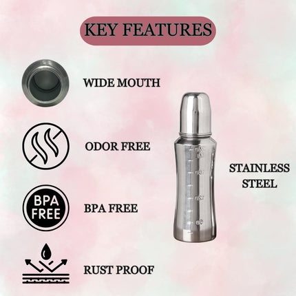 Baby Steel Feeding Bottle – 120 ml with 2 Nipples | Safe, Durable & Easy to Clean