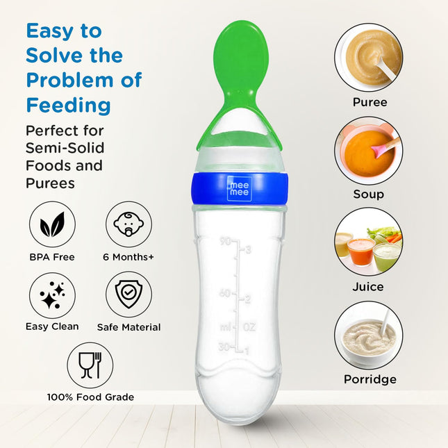 Mee Mee Squeezy Silicone Spoon Food Feeder with In-built Stand – 90 ml, BPA‑Free – Ideal for 6 to 12 Months