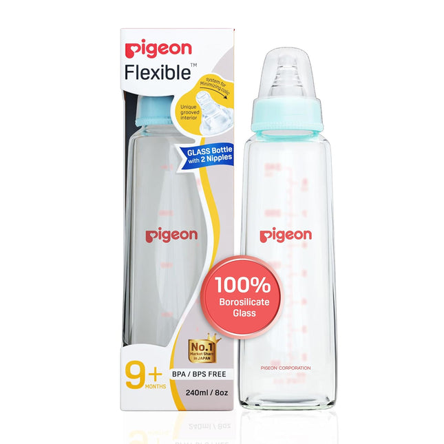 Pigeon Glass Feeding Bottle 240ml with 2 Silicone Nipples | BPA-Free & Heat-Resistant