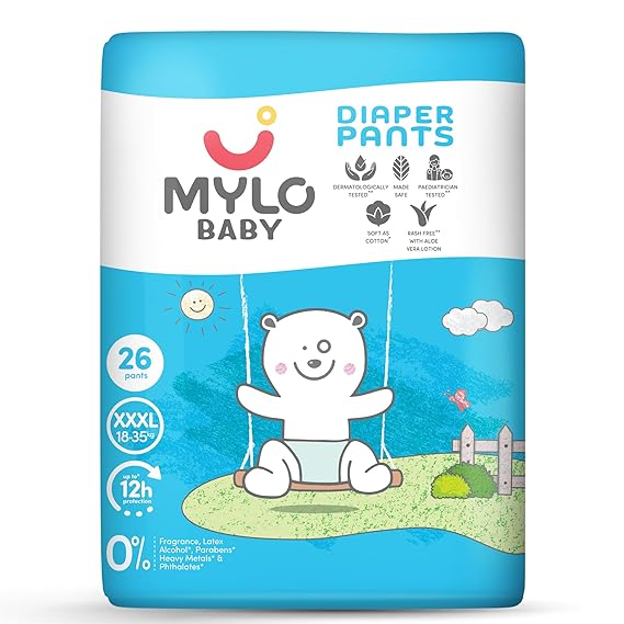 Mylo Baby Diapers – XXXL Size (18–30 kg), 26 Count – Extra Absorbent & Gentle on Skin